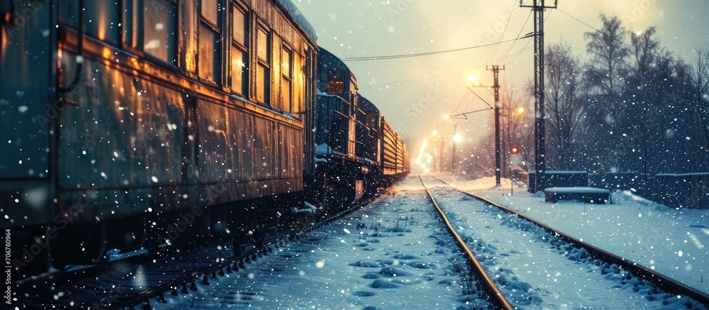 The freight train is moving along a snow covered railway. with copy space image. Place for adding text or design - obrazy, fototapety, plakaty 