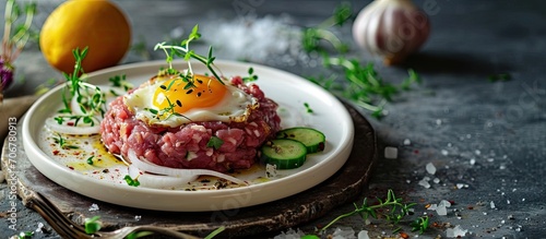 Traditional beef tartar served with a raw egg on top onion and cucumber in white plate ready to be eaten. with copy space image. Place for adding text or design