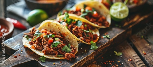 Three tacos on white paper on black tray with lengua meat. with copy space image. Place for adding text or design