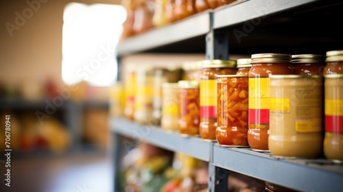 Closeup of a shelf filled with donated canned goods and nonperishable items at a communityshared resource centers food pantry. photo