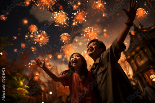 Chinese Father and Daughter in Celebration, Cherishing the Moments of Chinese Lunar New Year 2024 with Dazzling Fireworks
