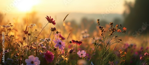 sunrise in the field landscape with Magic pink Cosmos flowers in blooming with sunset background fossilized field of colorful flowers sunrise mist. with copy space image © vxnaghiyev