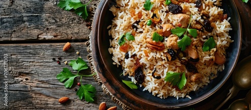 Turkish Perde Pilavi Drape pilaf with chicken almond and raisin A local flavor Rice from Siirt region Turkish name Siirt perde pilavi. with copy space image. Place for adding text or design photo