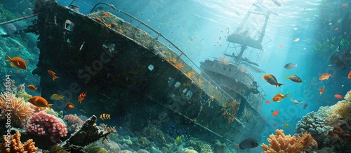 Tropical fish swim around a coral encrusted underwater shipwreck. with copy space image. Place for adding text or design photo