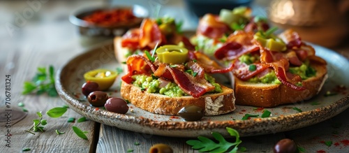 Scramble on toast with bacon guacamole and olives Healthy and tasty breakfast on a plate. with copy space image. Place for adding text or design photo