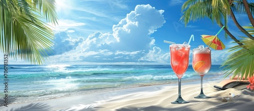 Two chaise longues and cocktails at the beach with clear skies and palm trees. with copy space image. Place for adding text or design