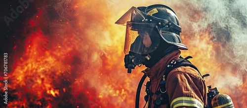 Professional firefighter s posture and expression reflect a sense of pride and accomplishment embodying the courage and determination required in his line of duty. with copy space image