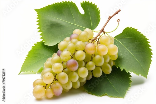 Bunch of grapes with leaves on white background. 