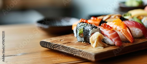 Tamagoyaki nigiri sushi Japanese sushi on a sushi wooden tray. with copy space image. Place for adding text or design