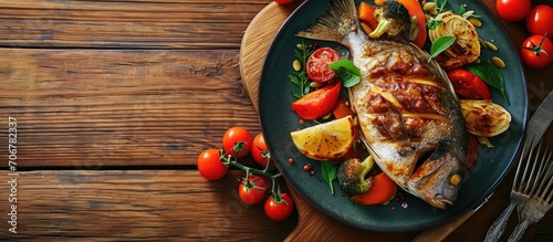 Top view of palatable grilled tilapia fish with cut vegetables served on plate on wooden table. with copy space image. Place for adding text or design