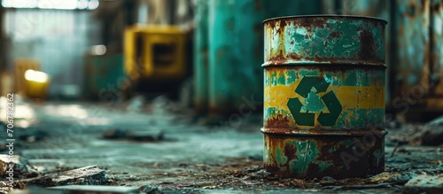 Photography of barrel of chemical weapons Painted picture Green panted sign of danger. with copy space image. Place for adding text or design photo