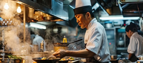 picture of an unrecognizable chef at a street kitchen in the fish market in Tokyo prepares bowls of food. with copy space image. Place for adding text or design