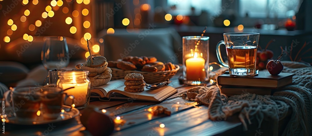 Plate of chocolate chip cookies stack of vintage books reading glasses cup of tea or coffee lit candle and fairy lights Hygge at home Selective focus. with copy space image