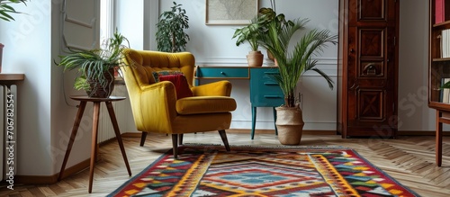 Patterned carpet near armch...