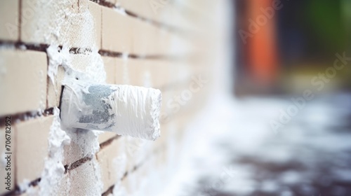 Up close view of a longhandled paint roller spreading thick, white paint onto a brick wall for a live mural. photo