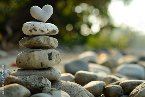 A cairn with a heart-shaped stone on top. Background with selective focus and copy space