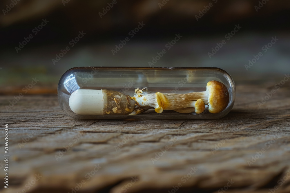 Capsule with mushrooms. medical drug concept. Background with selective focus and copy space