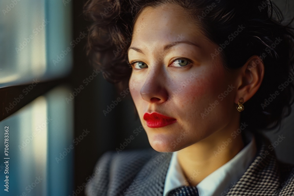 Retro Corporate: Dive into the past with a close-up of a business professional from the 1980s, exuding confidence in a power suit with bold shoulder pads, reflecting the iconic style and corporat Retro Corporate: Dive into the past with a close-up of a business professional from the 1980s, exuding confidence in a power suit with bold shoulder pads, reflecting the iconic style and corporat