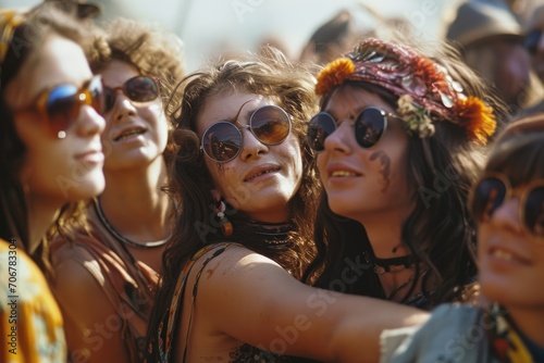 Free Spirits Unleashed: A 1960s Group Portrait, Capturing the Happy Gathering at Woodstock - Young People Embracing Music, Counterculture, and the Joyful Liberation of the Free-Spirited Vibe.

 photo