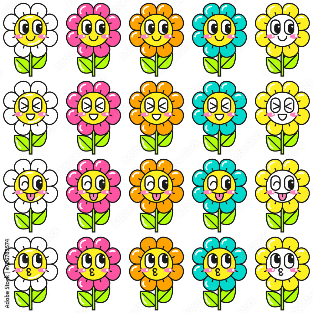 Obraz premium いろいろな表情のポップでかわいいお花のセット