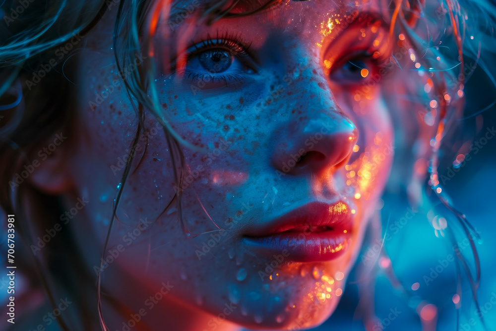 Close-up portrait of a woman in neon light. Background with selective focus and copy space Close-up portrait of a woman in neon light. Background with selective focus and copy space