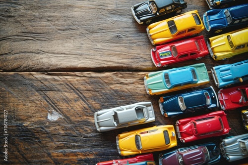 Miniature Automobile Harmony: Artfully Arranged Tiny Toy Cars in a Flat Lay on a Wooden Background, Forming a Creative Composition of Childhood Joy and Imaginative Play.