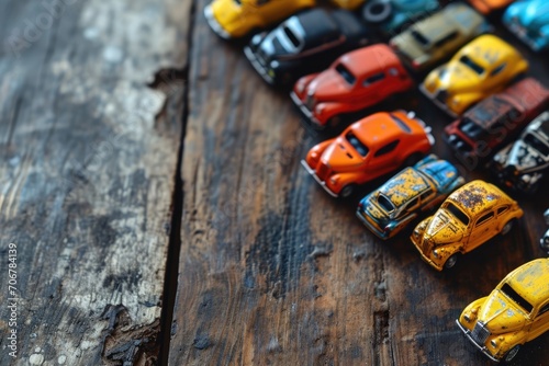 Miniature Automobile Harmony: Artfully Arranged Tiny Toy Cars in a Flat Lay on a Wooden Background, Forming a Creative Composition of Childhood Joy and Imaginative Play.

