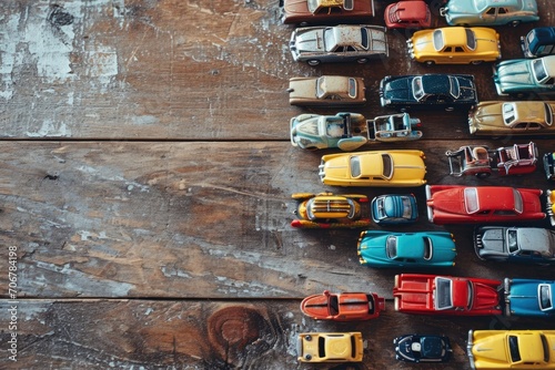 Miniature Automobile Harmony: Artfully Arranged Tiny Toy Cars in a Flat Lay on a Wooden Background, Forming a Creative Composition of Childhood Joy and Imaginative Play.

 photo