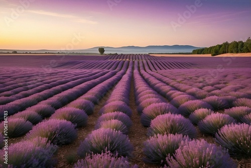 Extensive lavender field during sunset