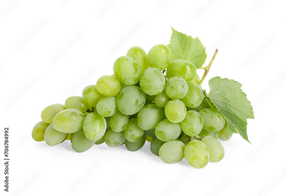 Fresh ripe grapes and leaves isolated on white