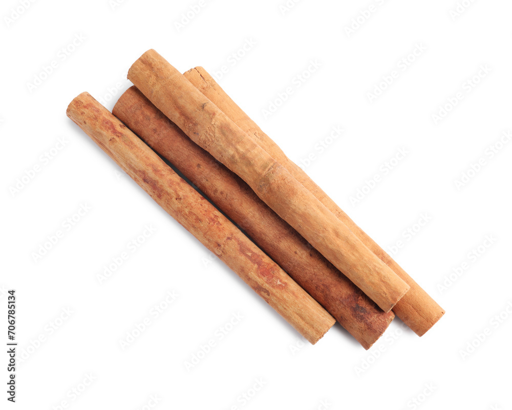 Aromatic cinnamon sticks isolated on white, top view Aromatic cinnamon sticks isolated on white, top view