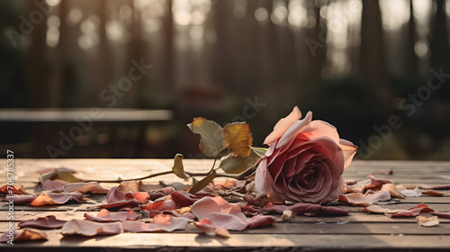 Withered pink flower with its petals falling on a wooden table in the garden - copyspace photo