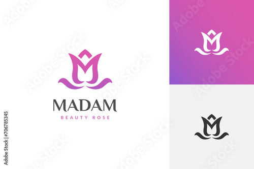 Letter M for madam lady rose Logo icon design, beauty flower graphic symbol for salon, skincare logo template