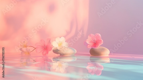 Tranquil pink flowers and stones on reflective water surface