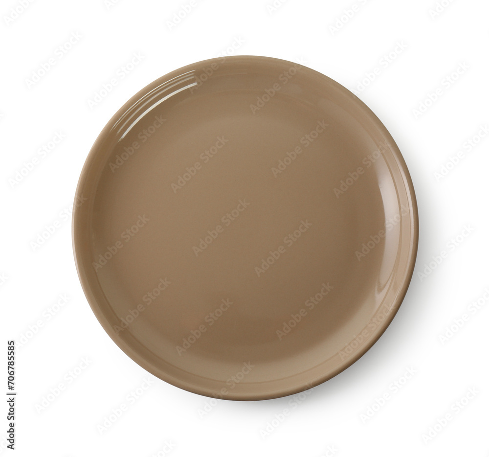 One light brown ceramic plate isolated on white, top view One light brown ceramic plate isolated on white, top view