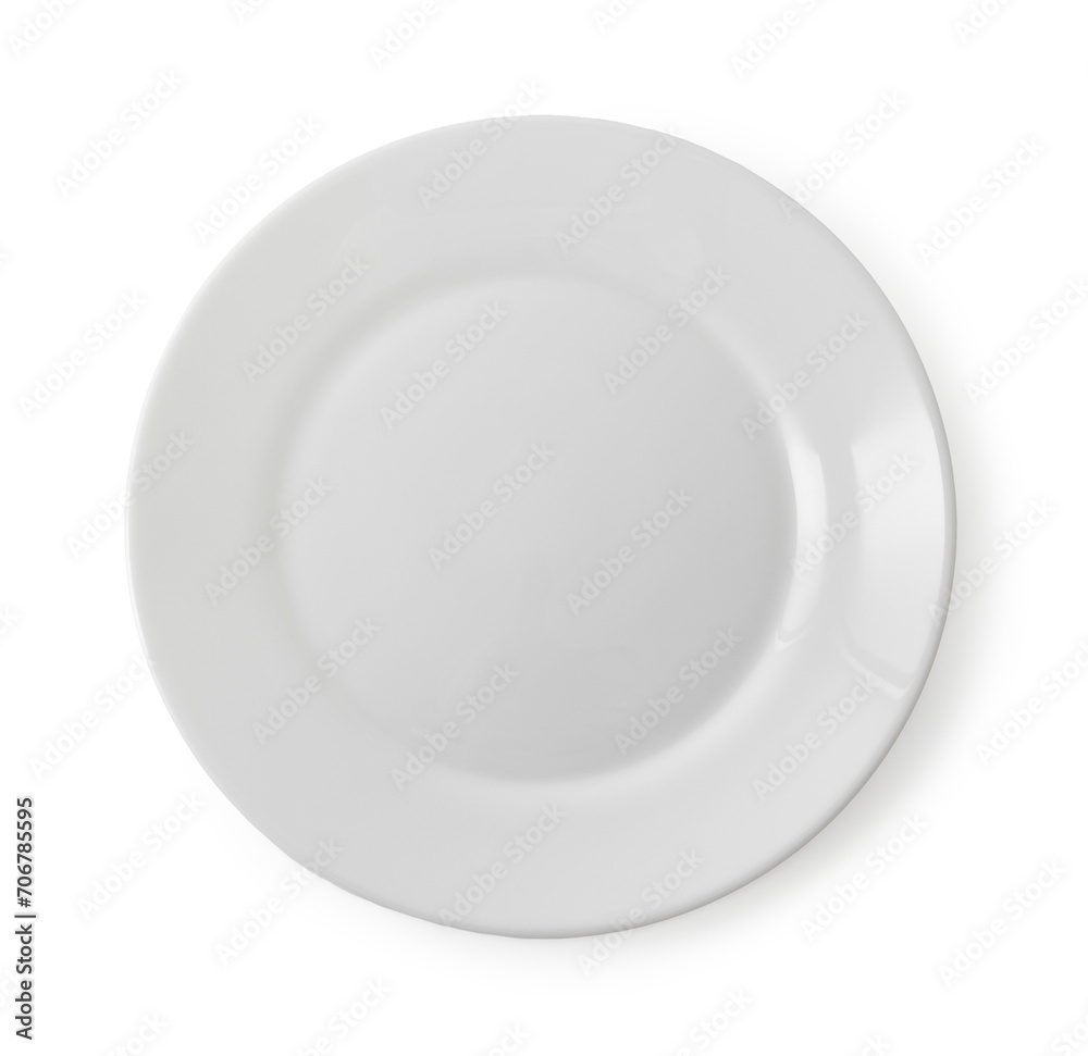 One clean ceramic plate isolated on white, top view One clean ceramic plate isolated on white, top view