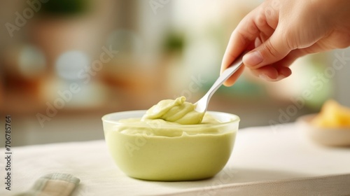 Closeup of a soft silicone baby s scooping up a bite of creamy avocado and banana puree. photo