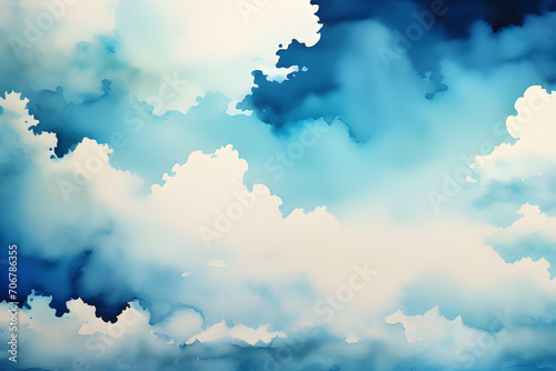 Watercolor Paintings with Blue Skies and Clouds Background - Clear and Peaceful Natural Beauty generative ai