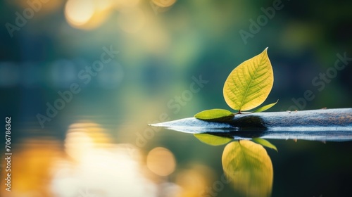 Fotografia A solitary leaf resting on a calm, still body of water, symbolizing the peace that comes with mindful meditation