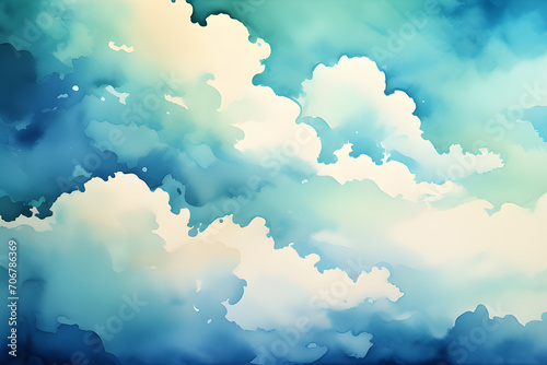 Watercolor Paintings with Blue Skies and Clouds Background - Clear and Peaceful Natural Beauty generative ai