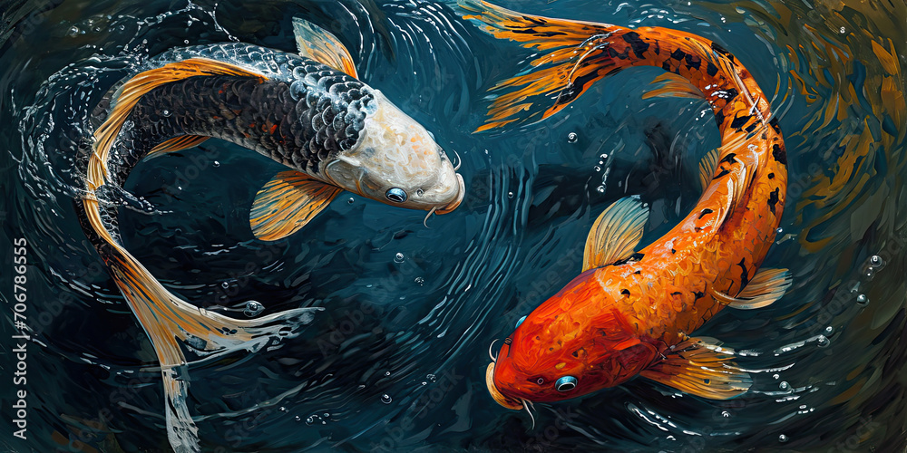  painting of two koi fish in water, generative AI