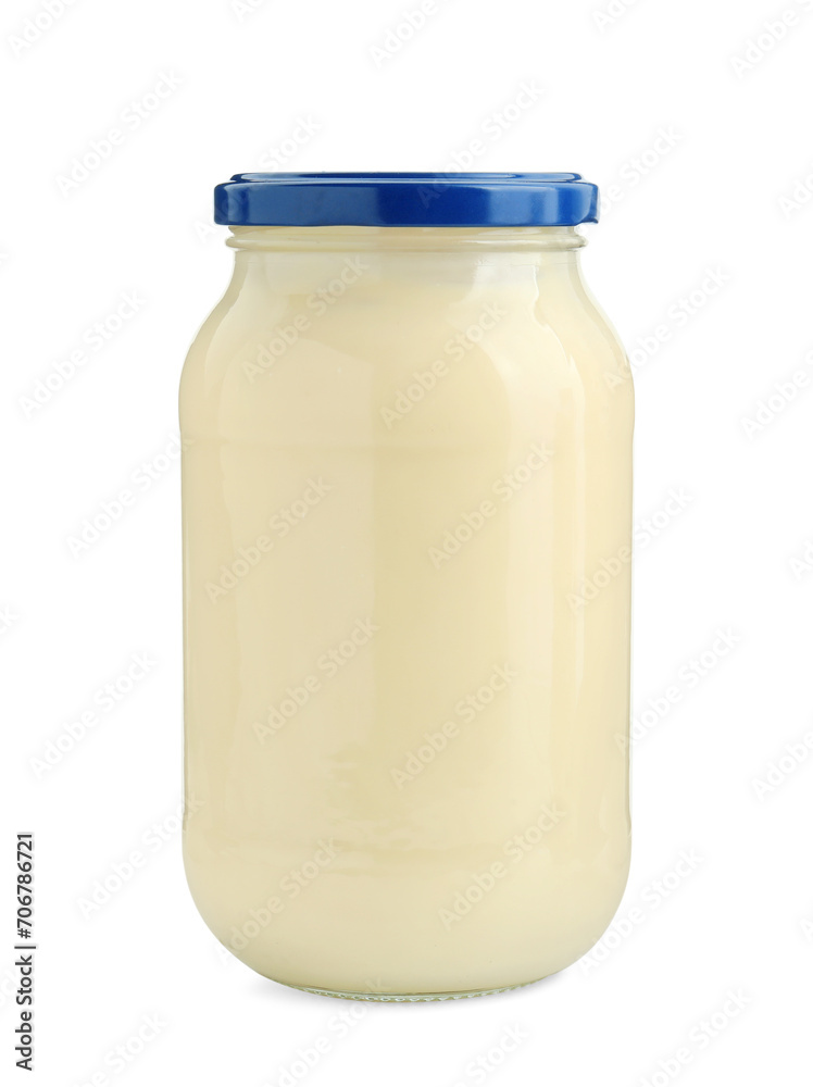 Fresh mayonnaise sauce in glass jar isolated on white Fresh mayonnaise sauce in glass jar isolated on white