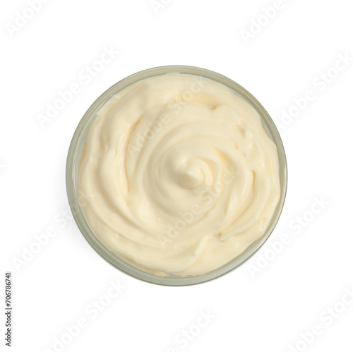 Fresh mayonnaise sauce in glass bowl isolated on white, top view