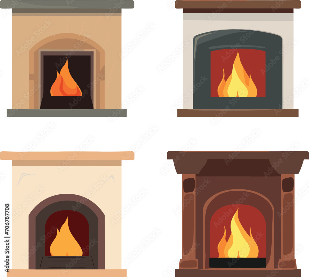 Set of four different fireplaces with burning fires. Various designs ranging from classic to modern style vector illustration. Set of four different fireplaces with burning fires. Various designs ranging from classic to modern style vector illustration.