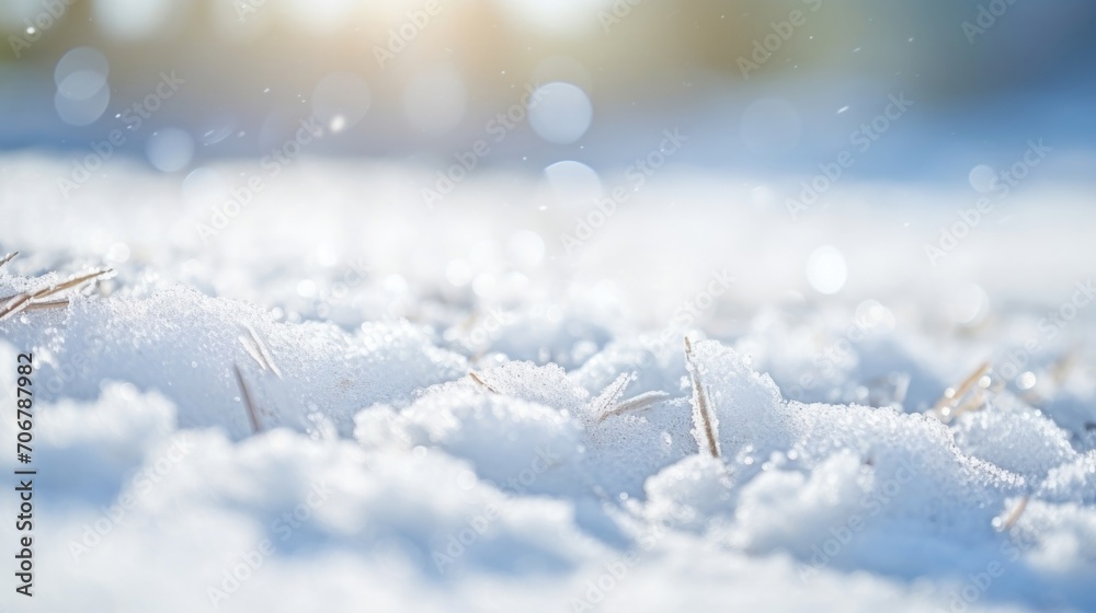 Closeup of a thin layer of snow, showing the impact of warmer temperatures on winter weather. - obrazy, fototapety, plakaty 