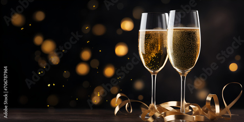 Two glasses of champagne with gold lights in the background.AI Generative
 photo
