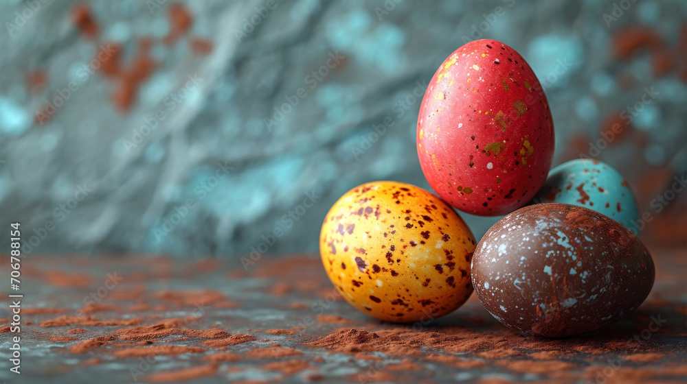 Happy Easter decoration background. Colorful Easter eggs banner on rustic light blue background with copy space.