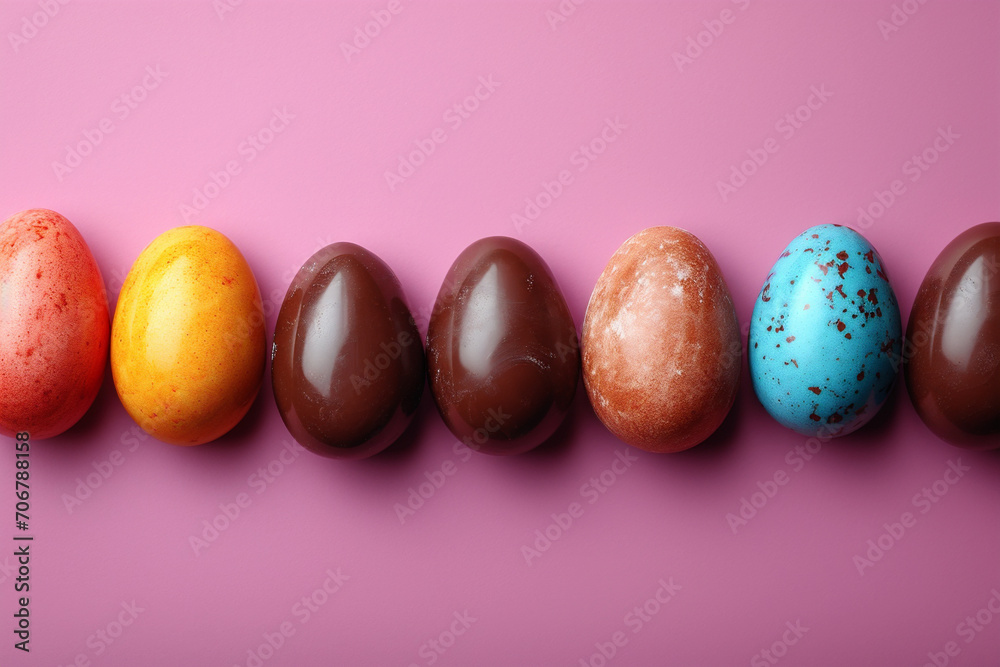 Happy Easter background decoration. Chocolate Easter eggs in row on pink background.