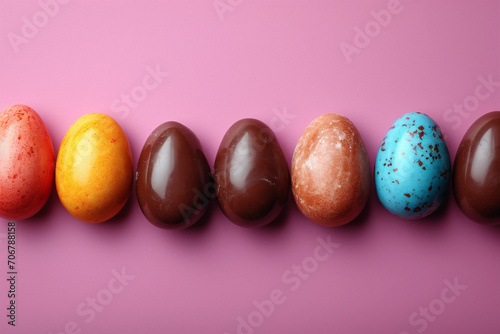 Obraz na płótnie Happy Easter background decoration. Chocolate Easter eggs in row on pink background. w salonie