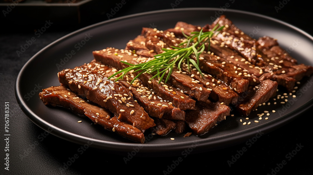asian bulgogi beef slices fried with sesame on plate